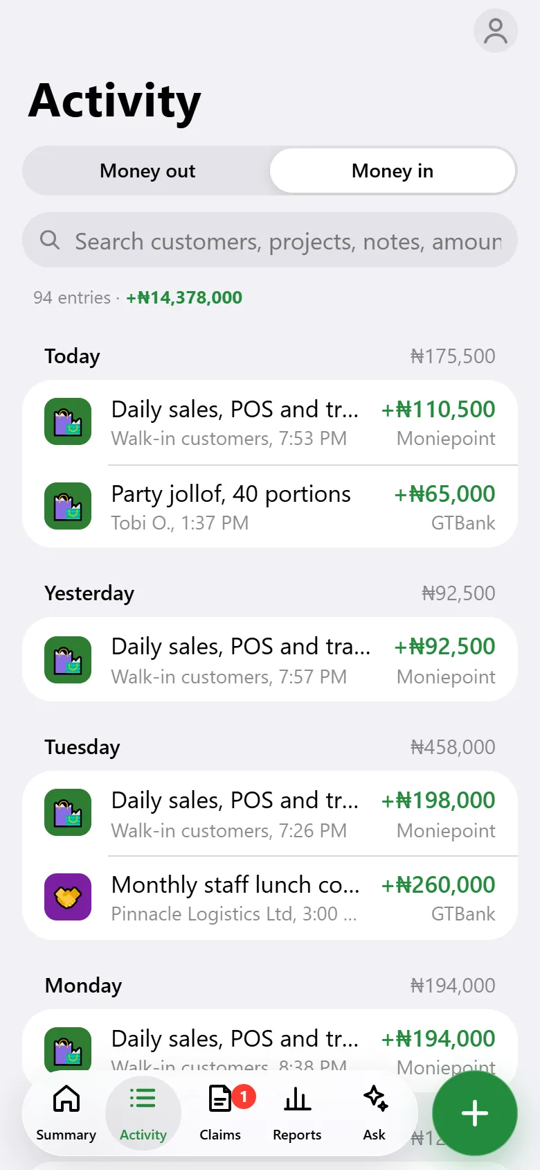 The Money in list showing daily sales, party orders and invoices received, with the month's total