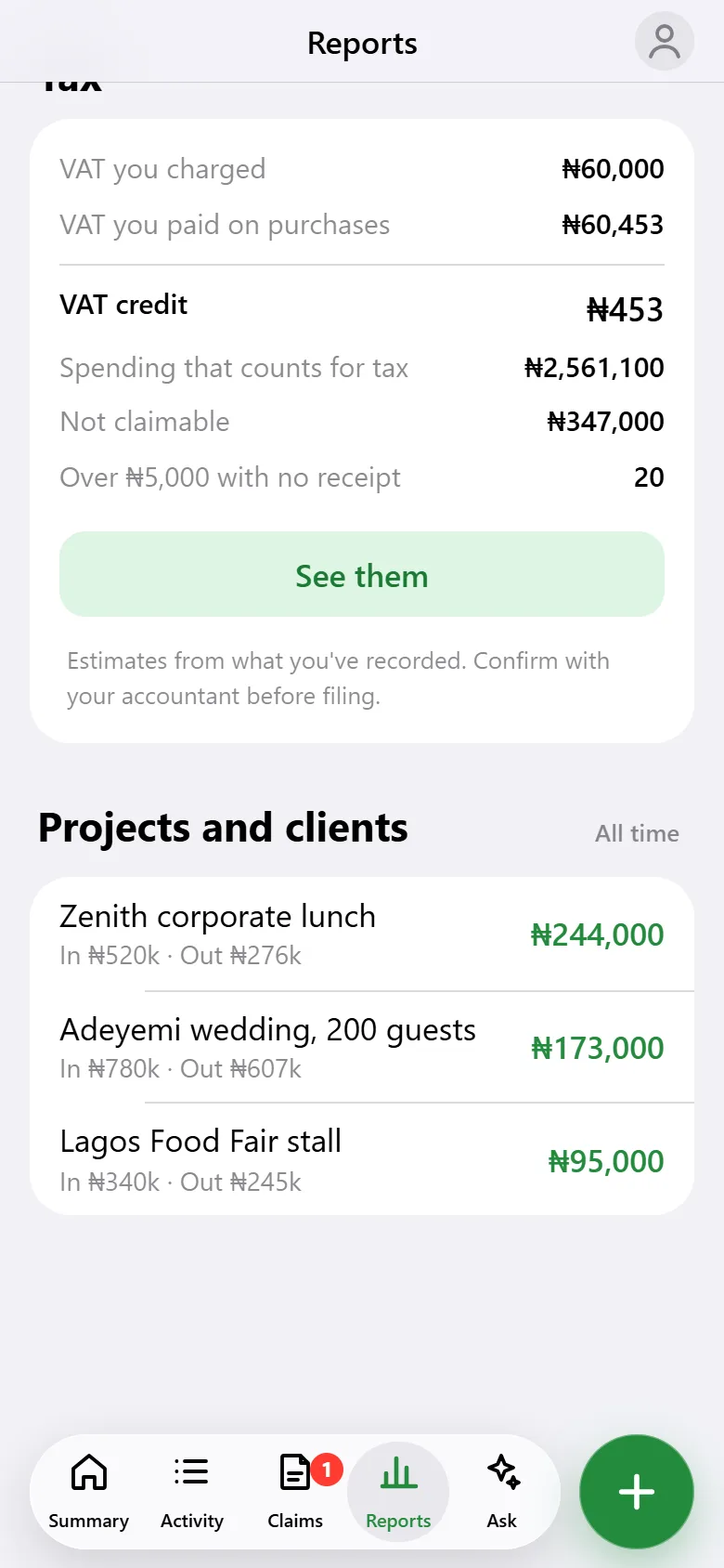 Projects and clients with money in, money out and profit for each job