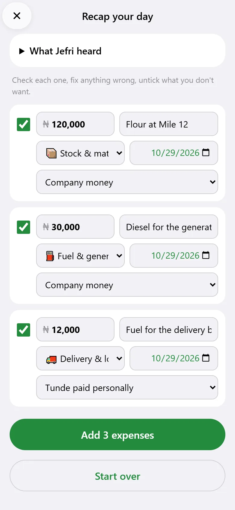 Jefri turning a voice note into three expenses to review: flour ₦120,000, diesel ₦30,000 and bike fuel ₦12,000 marked as paid personally by Tunde